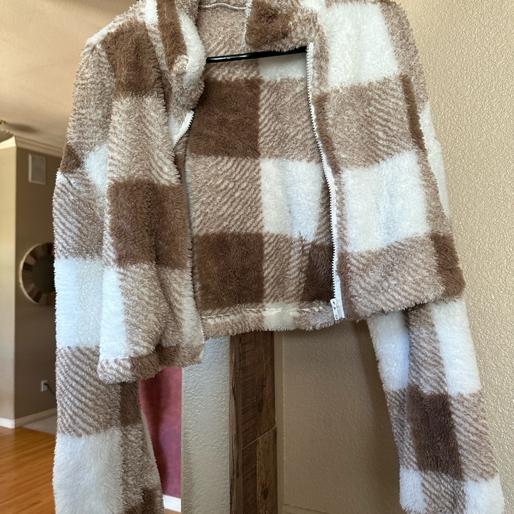 Plaid Fleece Jacket - Brown and White